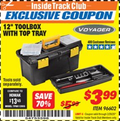 Harbor Freight ITC Coupon 12” TOOLBOX WITH TOP TRAY VOYAGER Lot No. 96602 Expired: 2/29/20 - $3.99