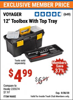 Harbor Freight ITC Coupon 12” TOOLBOX WITH TOP TRAY VOYAGER Lot No. 96602 Expired: 9/30/20 - $4.99
