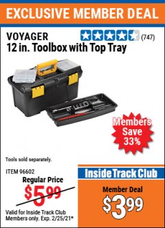 Harbor Freight ITC Coupon 12” TOOLBOX WITH TOP TRAY VOYAGER Lot No. 96602 Expired: 2/25/21 - $3.99