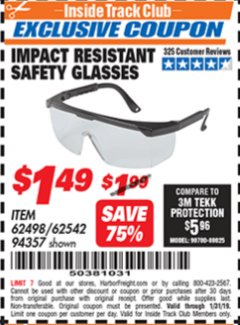 Harbor Freight ITC Coupon IMPACT RESISTANT SAFETY GLASSES Lot No. 62498/62542/94357 Expired: 1/31/19 - $1.49