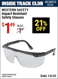 Harbor Freight ITC Coupon IMPACT RESISTANT SAFETY GLASSES Lot No. 62498/62542/94357 Expired: 1/6/22 - $1.49