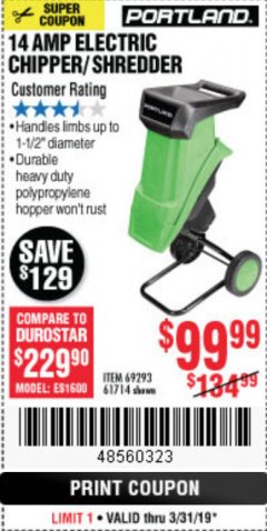 Harbor Freight Coupon 1-1/2" CAPACITY 14 AMP CHIPPER SHREDDER Lot No. 69293/61714 Expired: 3/31/19 - $99.99