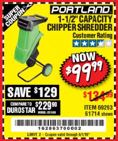 Harbor Freight Coupon 1-1/2" CAPACITY 14 AMP CHIPPER SHREDDER Lot No. 69293/61714 Expired: 6/1/19 - $99.99