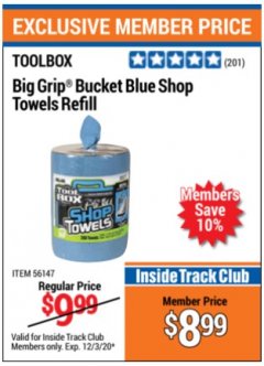 Harbor Freight ITC Coupon TOOLBOX BIG GRIP BUCKET BLUE SHOP TOWELS REFILL Lot No. 56147 Expired: 12/3/20 - $8.99
