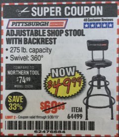 Harbor Freight Coupon ADJUSTABLE SHOP STOOL WITH BACKREST Lot No. 64499 Expired: 9/30/19 - $49.99