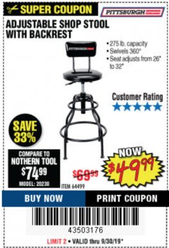 Harbor Freight Coupon ADJUSTABLE SHOP STOOL WITH BACKREST Lot No. 64499 Expired: 9/30/19 - $49.99