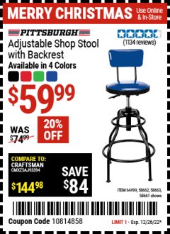 Harbor Freight Coupon ADJUSTABLE SHOP STOOL WITH BACKREST Lot No. 64499 Expired: 12/26/21 - $59.99
