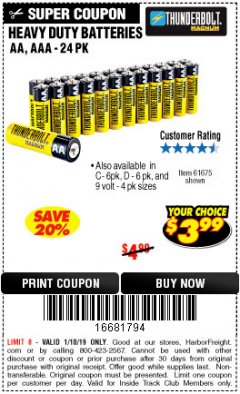 Harbor Freight ITC Coupon THUNDERBOLT MAGNUM ZINC CHLORIDE BATTERIES Lot No. 61675/61676/61274/61679/61677/61273/68383 Expired: 1/10/19 - $3.99