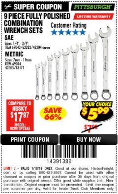 Harbor Freight ITC Coupon 9 PIECE FULLY POLISHED COMBINATION WRENCH SETS Lot No. 63282/42304/69043/63171/42305/69044 Expired: 1/10/19 - $5.99
