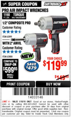 Harbor Freight ITC Coupon EARTHQUAKE XT 1/2" PRO AIR IMPACT WRENCHES Lot No. 62891/63800 Expired: 1/10/19 - $119.99