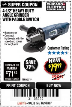 Harbor Freight Coupon 4-1/2" HEAVY DUTY ANGLE GRINDER WITH PADDLE SWITCH Lot No. 65519 Expired: 10/31/18 - $19.99
