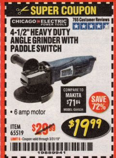 Harbor Freight Coupon 4-1/2" HEAVY DUTY ANGLE GRINDER WITH PADDLE SWITCH Lot No. 65519 Expired: 3/31/19 - $19.99
