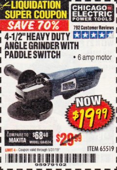Harbor Freight Coupon 4-1/2" HEAVY DUTY ANGLE GRINDER WITH PADDLE SWITCH Lot No. 65519 Expired: 5/31/19 - $19.99