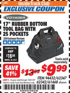 Harbor Freight ITC Coupon 17" RUBBER BOTTOM TOOL BAG Lot No. 62347/62342/94432/61468 Expired: 10/31/19 - $9.99