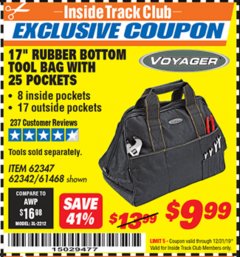 Harbor Freight ITC Coupon 17" RUBBER BOTTOM TOOL BAG Lot No. 62347/62342/94432/61468 Expired: 12/31/19 - $9.99