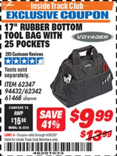Harbor Freight ITC Coupon 17" RUBBER BOTTOM TOOL BAG Lot No. 62347/62342/94432/61468 Expired: 4/30/20 - $9.99