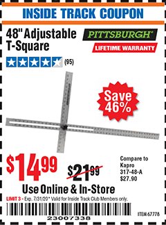 Harbor Freight ITC Coupon 48" ADJUSTABLE T-SQUARE Lot No. 67778 Expired: 7/31/20 - $49.99