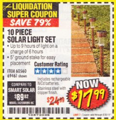 Harbor Freight Coupon 10 PIECE STAINLESS STEEL SOLAR LIGHT SET Lot No. 60560/66249/69461 Expired: 6/30/18 - $17.99