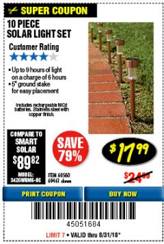 Harbor Freight Coupon 10 PIECE STAINLESS STEEL SOLAR LIGHT SET Lot No. 60560/66249/69461 Expired: 8/31/18 - $17.99