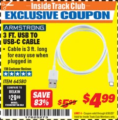 Harbor Freight ITC Coupon 3 FT. USB TO USB-C CABLE Lot No. 64580 Expired: 6/30/20 - $4.99