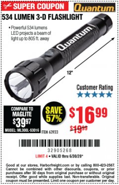Harbor Freight Coupon 534 LUMENS 3-D FLASHLIGHT Lot No. 63933 Expired: 6/30/20 - $16.99
