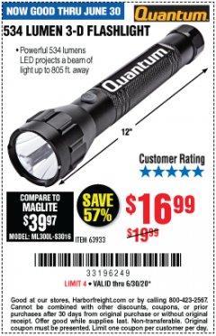 Harbor Freight Coupon 534 LUMENS 3-D FLASHLIGHT Lot No. 63933 Expired: 6/30/20 - $16.99
