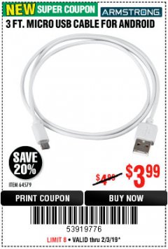 Harbor Freight Coupon 3 FT. MICRO USB CABLE FOR ANDROID Lot No. 64579 Expired: 2/3/19 - $3.99
