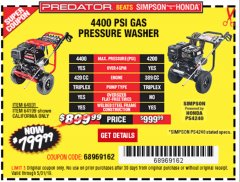 Harbor Freight Coupon 4400 PSI, 4.2 GPM, 13 HP (420 CC) PRESSURE WASHER Lot No. 64931/64199 Expired: 5/31/19 - $799.99