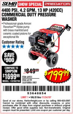 Harbor Freight Coupon 4400 PSI, 4.2 GPM, 13 HP (420 CC) PRESSURE WASHER Lot No. 64931/64199 Expired: 11/24/19 - $799.99