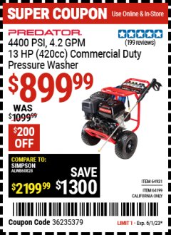 Harbor Freight Coupon 4400 PSI, 4.2 GPM, 13 HP (420 CC) PRESSURE WASHER Lot No. 64931/64199 Expired: 6/1/23 - $899.99
