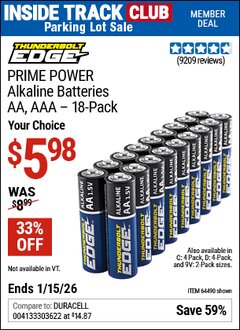 Harbor Freight ITC Coupon THUNDERBOLT EDGE AA PRIME POWER ALKALINE BATTERIES, 18-PACK Lot No. 64490/64490/64491/64492/64493 Expired: 1/15/26 - $5.98