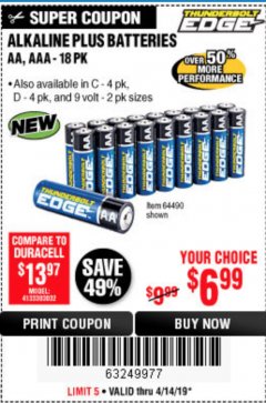 Harbor Freight Coupon THUNDERBOLT EDGE AA PRIME POWER ALKALINE BATTERIES, 18-PACK Lot No. 64490/64490/64491/64492/64493 Expired: 4/14/19 - $6.99