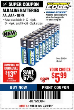 Harbor Freight Coupon THUNDERBOLT EDGE AA PRIME POWER ALKALINE BATTERIES, 18-PACK Lot No. 64490/64490/64491/64492/64493 Expired: 7/28/19 - $5.99