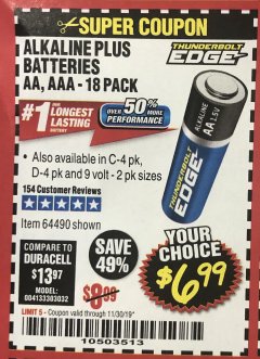 Harbor Freight Coupon THUNDERBOLT EDGE AA PRIME POWER ALKALINE BATTERIES, 18-PACK Lot No. 64490/64490/64491/64492/64493 Expired: 11/30/19 - $6.99