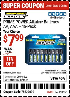 Harbor Freight Coupon THUNDERBOLT EDGE PRIME POWER ALKALINE BATTERIES Lot No. 64490/64490/64491/64492/64493 Expired: 9/13/26 - $7.99