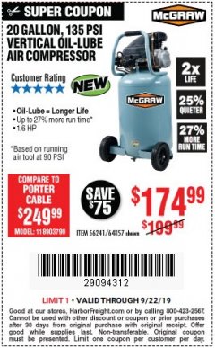 Harbor Freight Coupon MCGRAW 20 GALLON, 135 PSI OIL-LUBE AIR COMPRESSOR Lot No. 56241/64857 Expired: 9/22/19 - $174.99