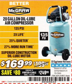 Harbor Freight Coupon MCGRAW 20 GALLON, 135 PSI OIL-LUBE AIR COMPRESSOR Lot No. 56241/64857 Expired: 8/31/19 - $169.99