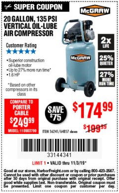 Harbor Freight Coupon MCGRAW 20 GALLON, 135 PSI OIL-LUBE AIR COMPRESSOR Lot No. 56241/64857 Expired: 11/3/19 - $174.99