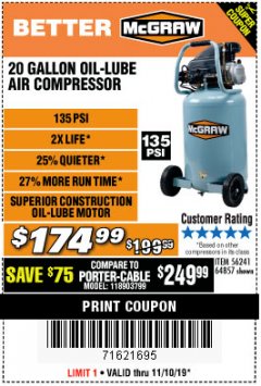 Harbor Freight Coupon MCGRAW 20 GALLON, 135 PSI OIL-LUBE AIR COMPRESSOR Lot No. 56241/64857 Expired: 11/10/19 - $174.99