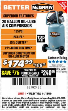 Harbor Freight Coupon MCGRAW 20 GALLON, 135 PSI OIL-LUBE AIR COMPRESSOR Lot No. 56241/64857 Expired: 11/11/19 - $174.99