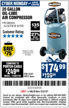 Harbor Freight Coupon MCGRAW 20 GALLON, 135 PSI OIL-LUBE AIR COMPRESSOR Lot No. 56241/64857 Expired: 12/1/19 - $174.99