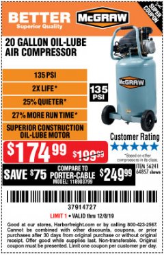 Harbor Freight Coupon MCGRAW 20 GALLON, 135 PSI OIL-LUBE AIR COMPRESSOR Lot No. 56241/64857 Expired: 12/8/19 - $174.99