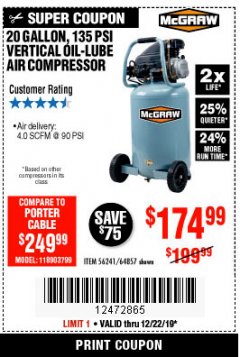 Harbor Freight Coupon MCGRAW 20 GALLON, 135 PSI OIL-LUBE AIR COMPRESSOR Lot No. 56241/64857 Expired: 12/22/19 - $174.99