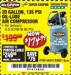 Harbor Freight Coupon MCGRAW 20 GALLON, 135 PSI OIL-LUBE AIR COMPRESSOR Lot No. 56241/64857 Expired: 2/3/20 - $174.99
