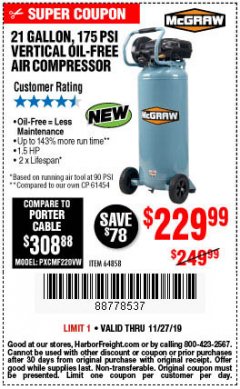 Harbor Freight Coupon MCGRAW 175 PSI, 21 GALLON VERTICAL OIL-FREE AIR COMPRESSOR Lot No. 64858 Expired: 11/27/19 - $229.99