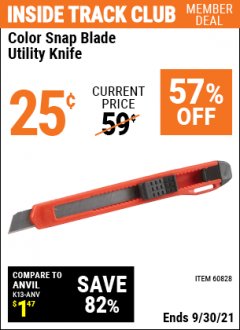 Harbor Freight ITC Coupon COLOR SNAP BLADE UTILITY KNIFE Lot No. 60828 Expired: 9/30/21 - $0.25