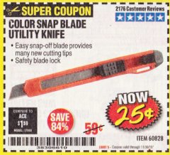 Harbor Freight Coupon COLOR SNAP BLADE UTILITY KNIFE Lot No. 60828 Expired: 10/30/19 - $0.25