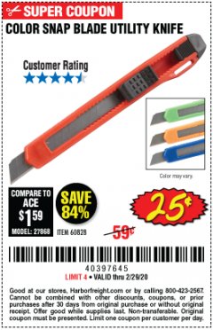 Harbor Freight Coupon COLOR SNAP BLADE UTILITY KNIFE Lot No. 60828 Expired: 2/29/20 - $0.25