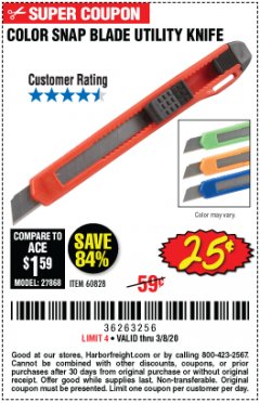 Harbor Freight Coupon COLOR SNAP BLADE UTILITY KNIFE Lot No. 60828 Expired: 3/8/20 - $0.25