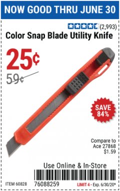Harbor Freight Coupon COLOR SNAP BLADE UTILITY KNIFE Lot No. 60828 Expired: 6/30/20 - $0.25